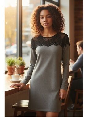 Daisy Fuentes | Heather Grey long sleeve dress with black lace neckline